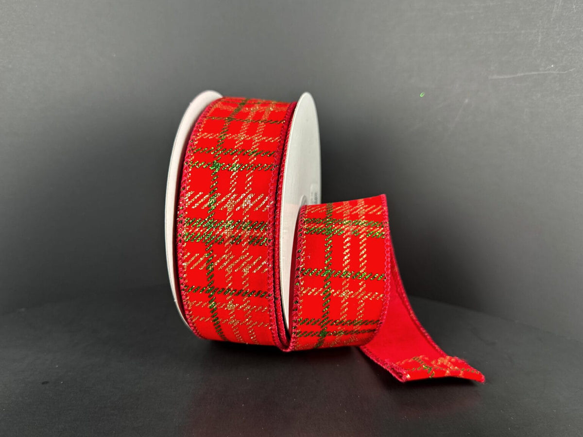 1.5" x 10 YD Red Velvet/Gold=-Green Glitter Plaid Jascotina 71633-09-15