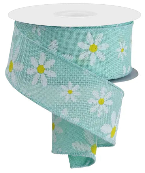 1.5" x 10yd Faux Embroidery Mixed Daisy - Mint/White/Yellow Shirleys of Collins RGE1191AN