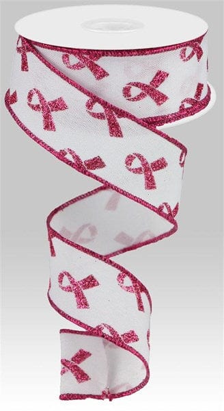 1.5" x 10yd Glitter Breast Cancer - White/Hot Pink Craig Bachman Ribbon RGC109227