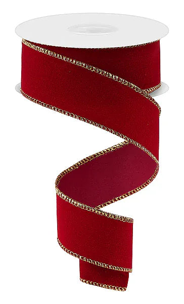 1.5" x 10yd Indoor Velvet Ribbon - Cranberry W/Gold Craig Bachman RL1945Y6