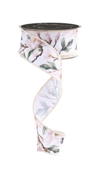 1.5" x 10yd Magnolias - Ivory/Cream/Green Craig Bachman Ribbon LS101437
