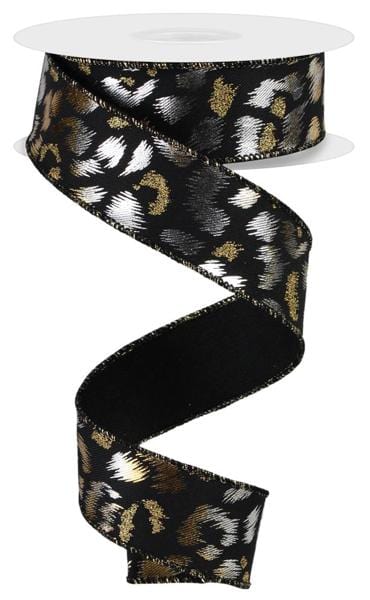 1.5" x 10yd Metallic/Glitter Leopard - Black/Gold/Silver Shirleys of Collins RGE118802