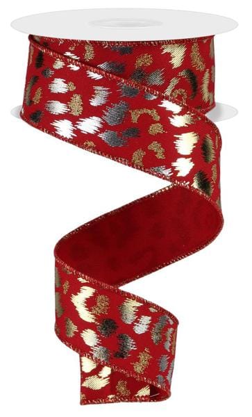 1.5" x 10yd Metallic/Glitter Leopard - Red/Gold/Silver Shirleys of Collins RGE118824