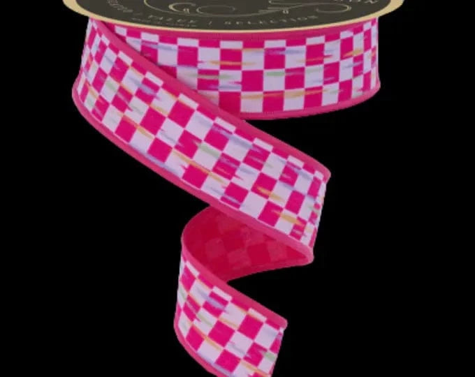 1.5" X 10YD Mini Antique Checkerboard/FuseD - Hot Pink/White Craig Bachman Ribbon LX322811