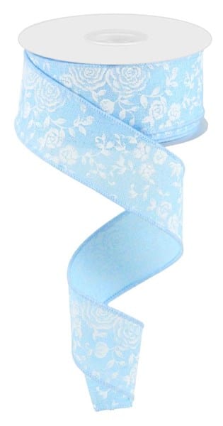 1.5" x 10yd Mini Rose On Royal - Pale Blue/White Shirleys of Collins rgc186014