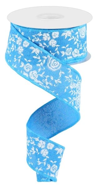 1.5" x 10yd Mini Rose On Royal - Turquoise/Blue/White Shirleys of Collins RGC186034