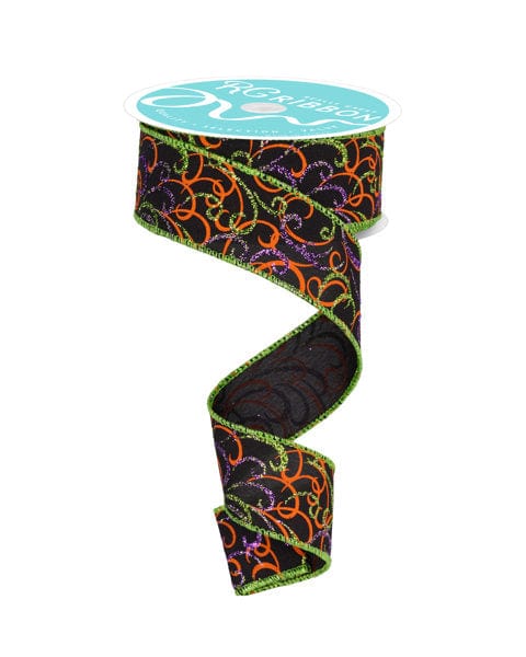 1.5" x 10yd Multi Swirls - Black/Orng/Purple/Lime Craig Bachman RIBBON RGF133202