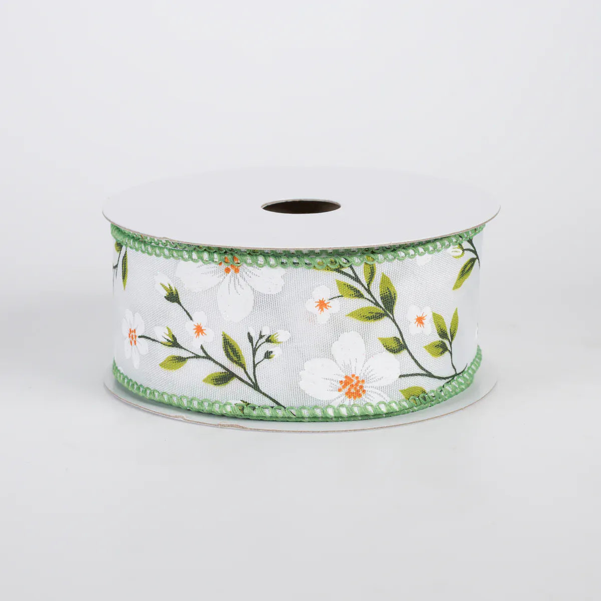 1.5" X 10YD Satin Flaxseed Flowers Ribbon - White Jascotina 42609-09-01