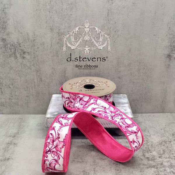 1.5" x 10yds taffeta acanthus scroll chinoiserie, pink white D.Stevens 18-4475