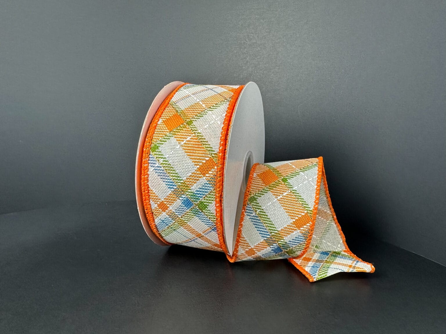 1.5"x10yd Ivory Linen Diagonal Plaid - Blue/Orange/Moss/Gold Jascotina 61507-09-05
