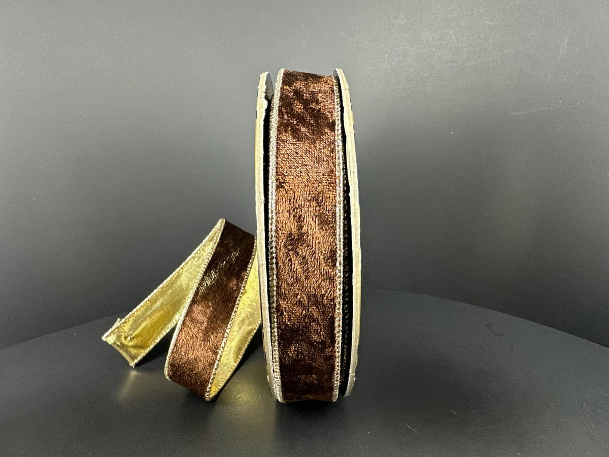 1"X10YD LUSH VELVET W/GOLD METALLIC BACK – CHOCOLATE Jascotina D73648-10-38