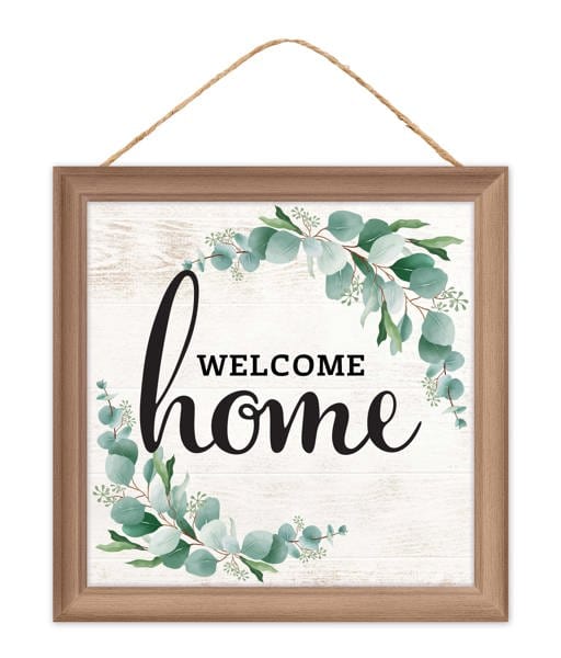 10"Sq Welcome Home W/Eucalyptus Sign - Natural/Black/Sage Craig Bachman Signs AP7369