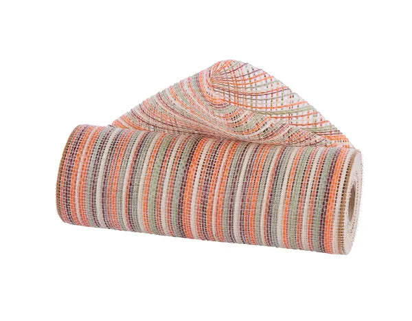 10" x 10yd Vertical Multicolor Stripe Mesh - Brnt Org/Org/Sage/Brn/Crm Craig Bachman Mesh RE1369YE