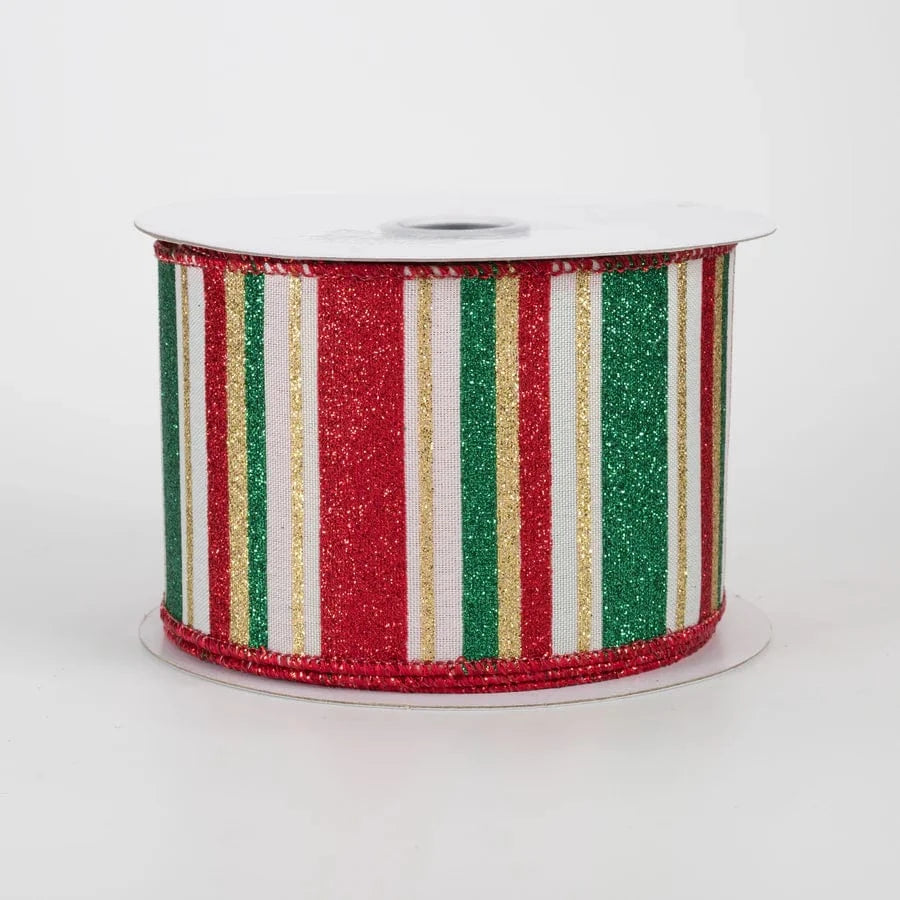 2.5" Multi Glitter Stripes Ribbon: Traditional Christmas on Cream (10 Yards) Craig Bachman RGF19135J