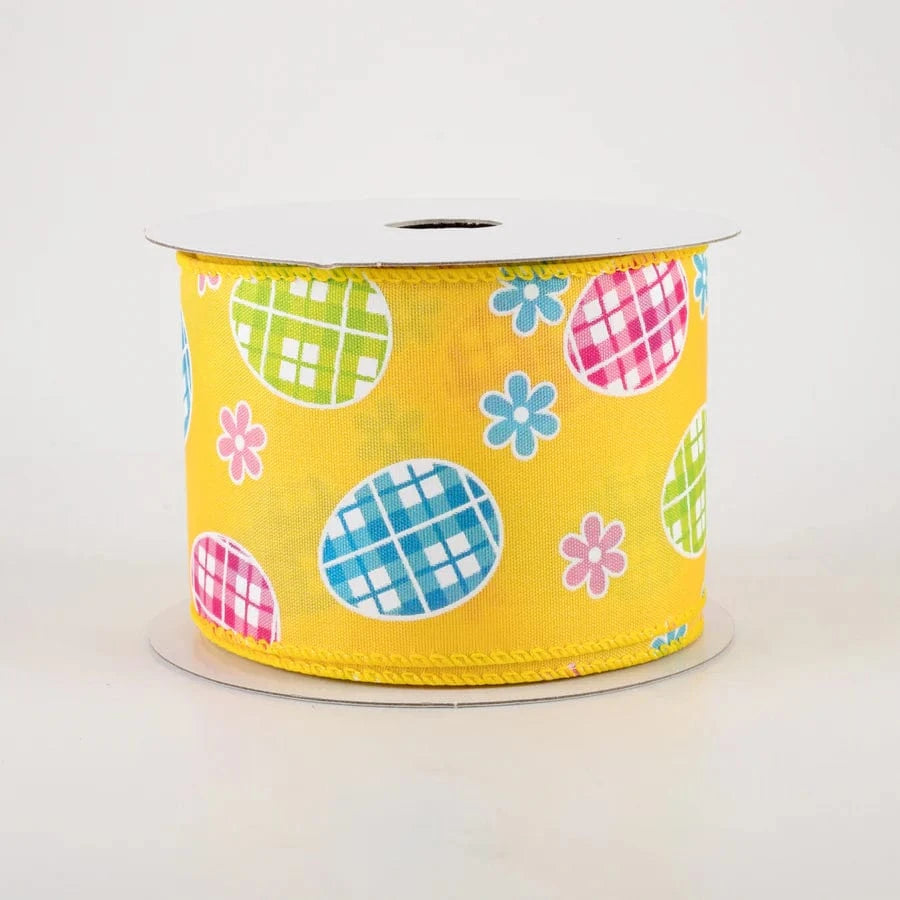 2.5" Satin Gingham Easter Eggs Ribbon: Yellow (10 Yards) Jascotina Ribbon 31213-40-22