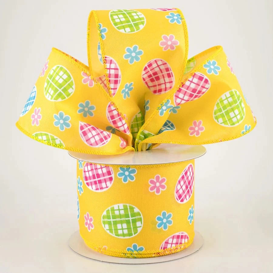 2.5" Satin Gingham Easter Eggs Ribbon: Yellow (10 Yards) Jascotina Ribbon 31213-40-22