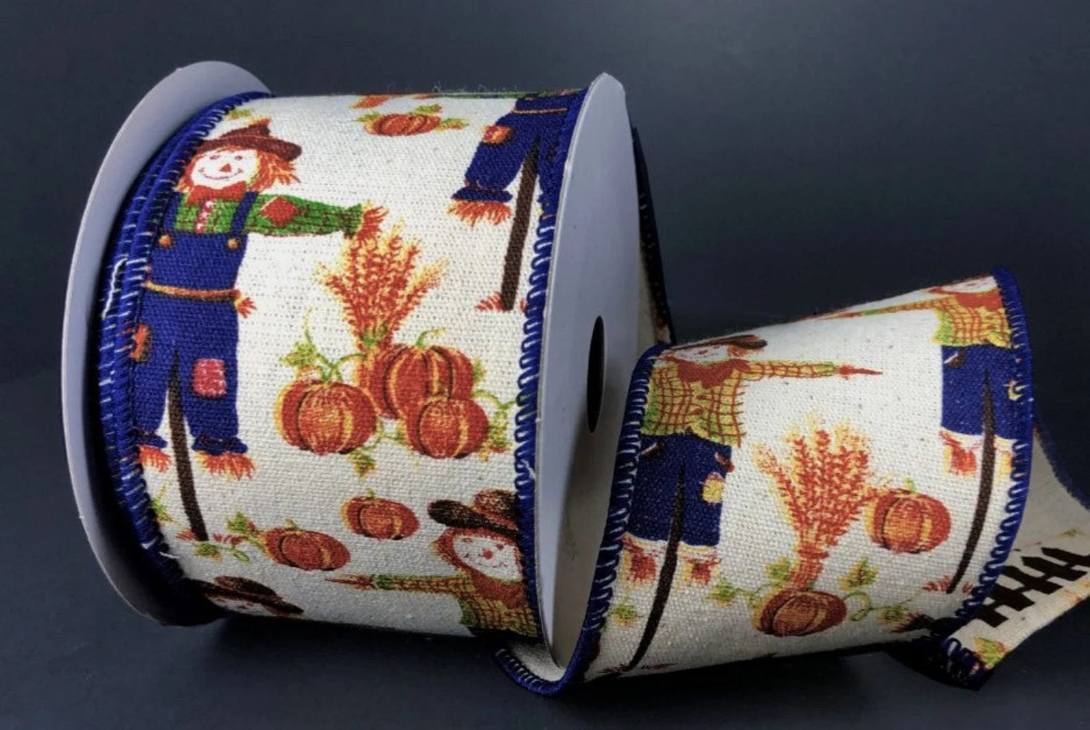 2.5" Scarecrow and Pumpkins Ribbon - Navy/Orange/Cream/Moss Green Jascotina Ribbon 61013-40-18