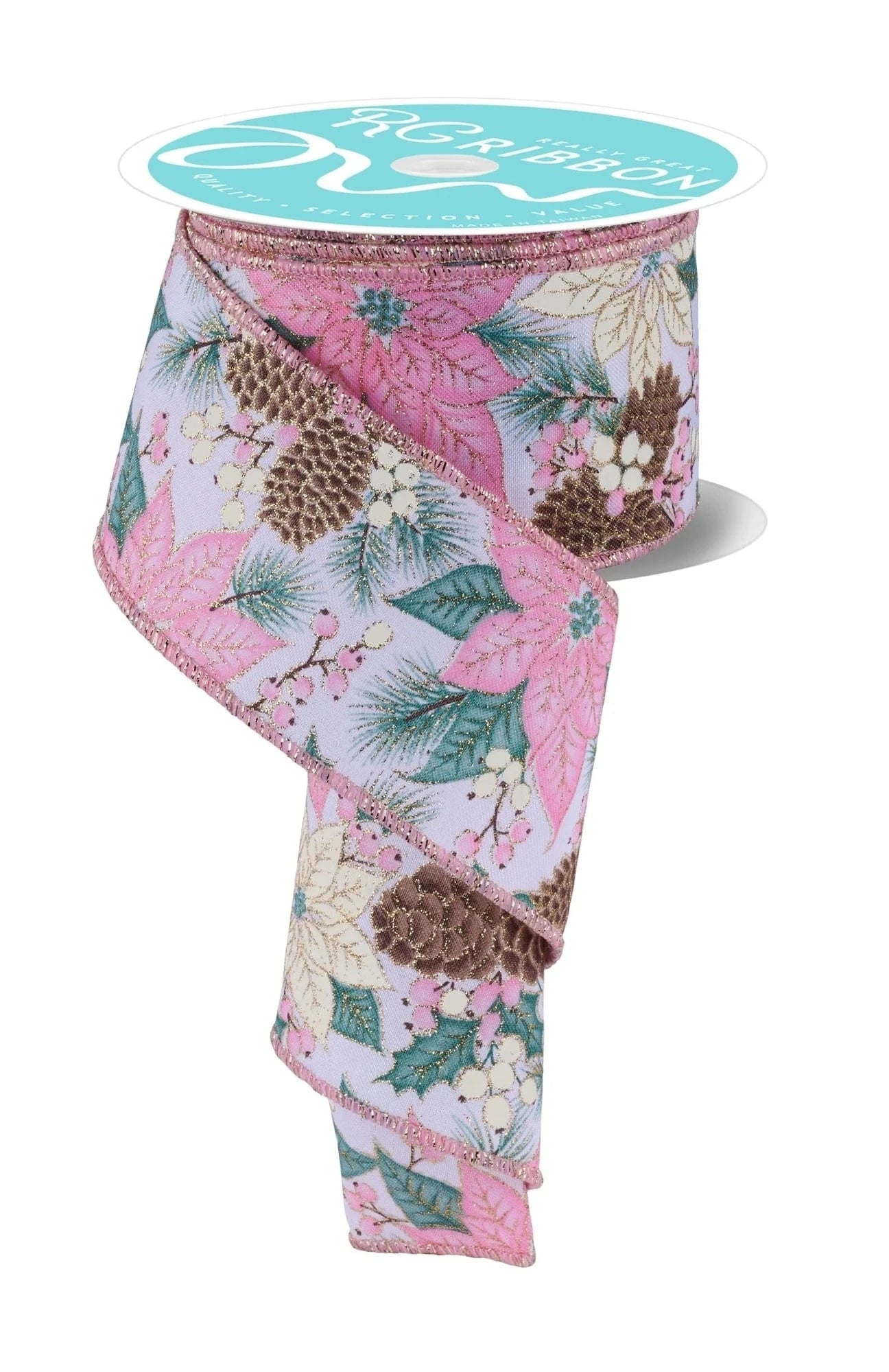 2.5" X 10 YD POINSETTIA FOLIAGE/PINECONES Craig Bachman RGF1761WT