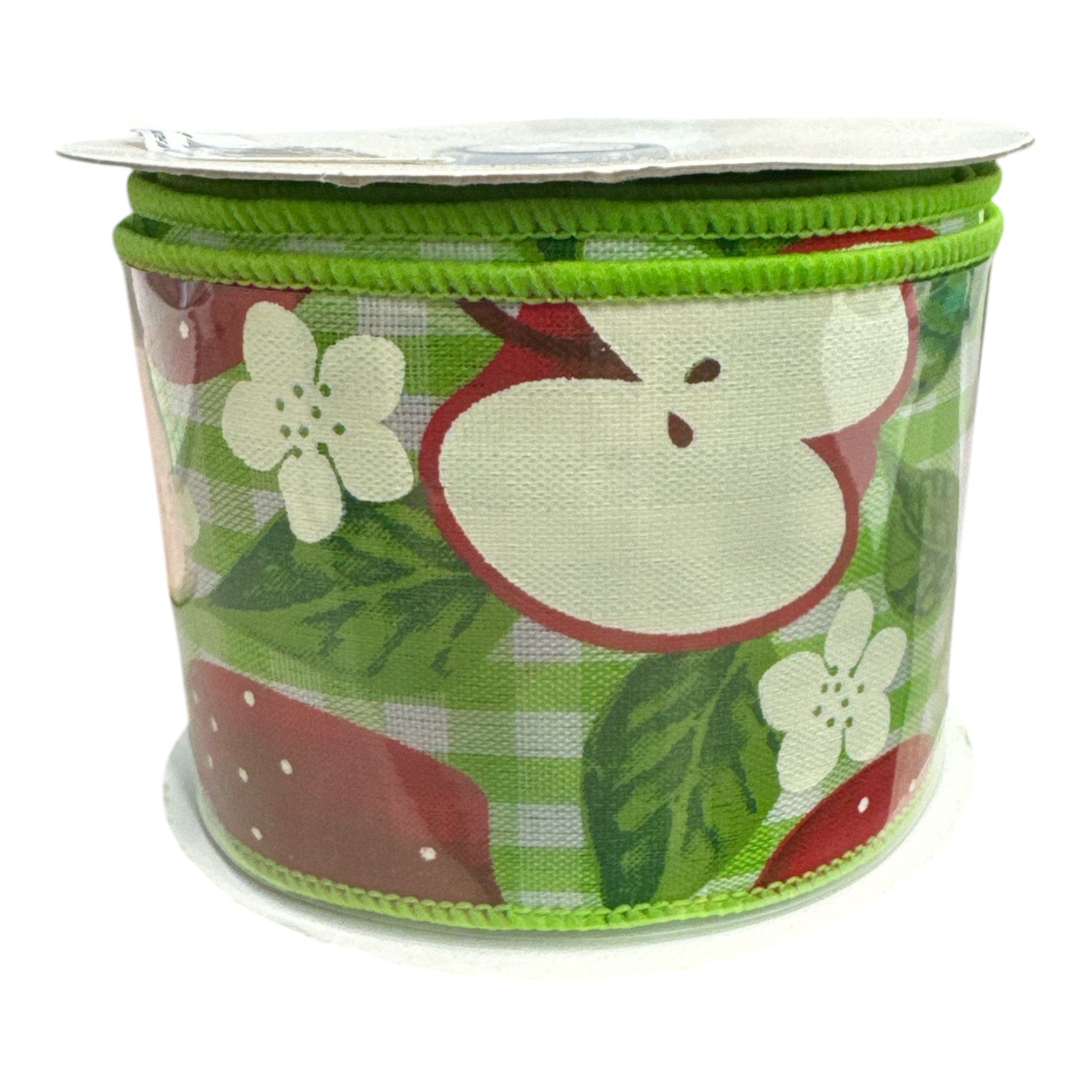 2.5" X 10YD APPLES ON GINGHAM - LIME GREEN/WHITE/RED Shirleys of Collins RGA1855RY