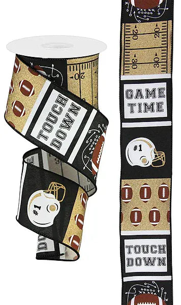 2.5" x 10yd Football Block Pattern - Black/Gold/Brown Craig Bachman Ribbon RGC115586