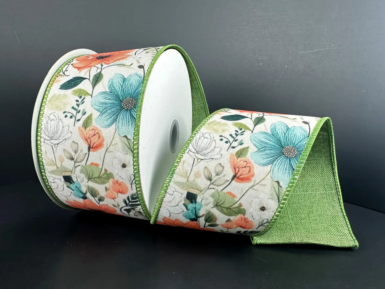 2.5" X 10YD Garden Wired Poly Linen Ribbon - Ethereal Teal/Sage/Coral Jascotina D43602-40-33