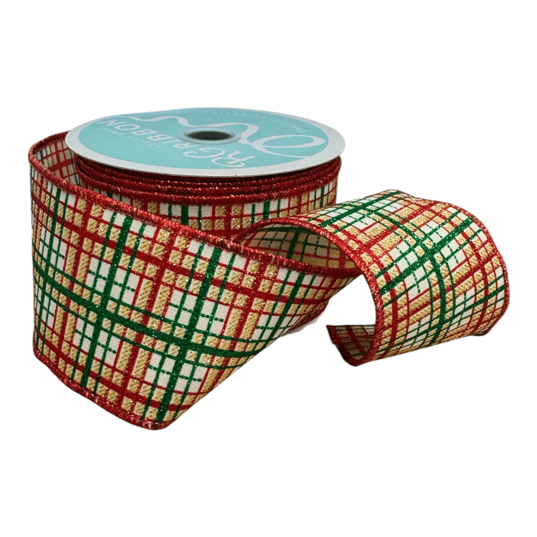 2.5" x 10yd Glitter Print Plaid Crm/Emerald/Red/Gold Craig Bachman RGF1957C2