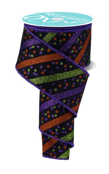 2.5" x 10yd Glitter Stripe W/Confetti Dots - Black/Purple/Lime/Orange Craig Bachman RIBBON RGF1993YR