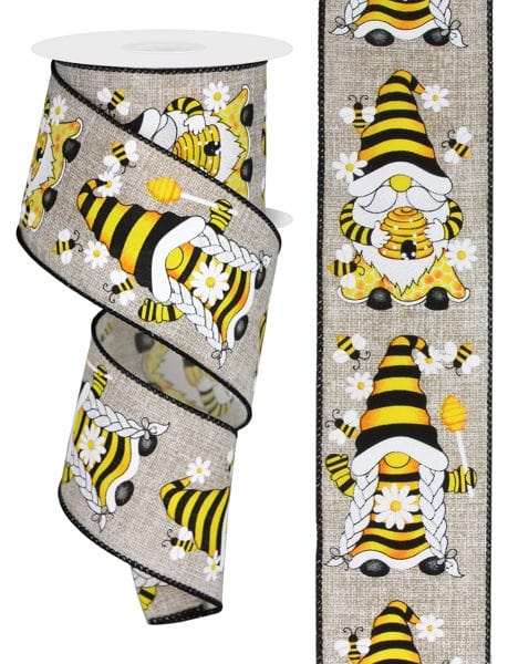 2.5" x 10yd Gnome/Bees/Beehive - Lt Beige/Wht/Yllw/Blk/Grn Shirleys of Collins RGE1083