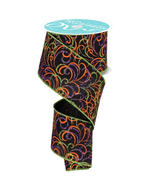 2.5" x 10yd Multi Swirls - Black/Orng/Purple/Lime Shirleys of Collins RIBBON RGF133302