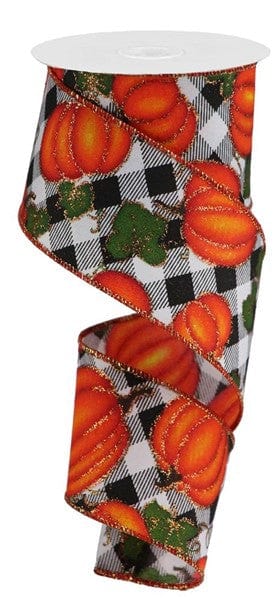 2.5" x 10yd Pumpkin W/Leaves/Check - White/Orange/Yellow/Moss/Gold Craig Bachman Ribbon RGB124227
