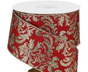 2.5" X 10YD Red Damask Ribbon w/Light Gold Glitter and Gold Fused Back Craig Bachman Ribbon RGX000336