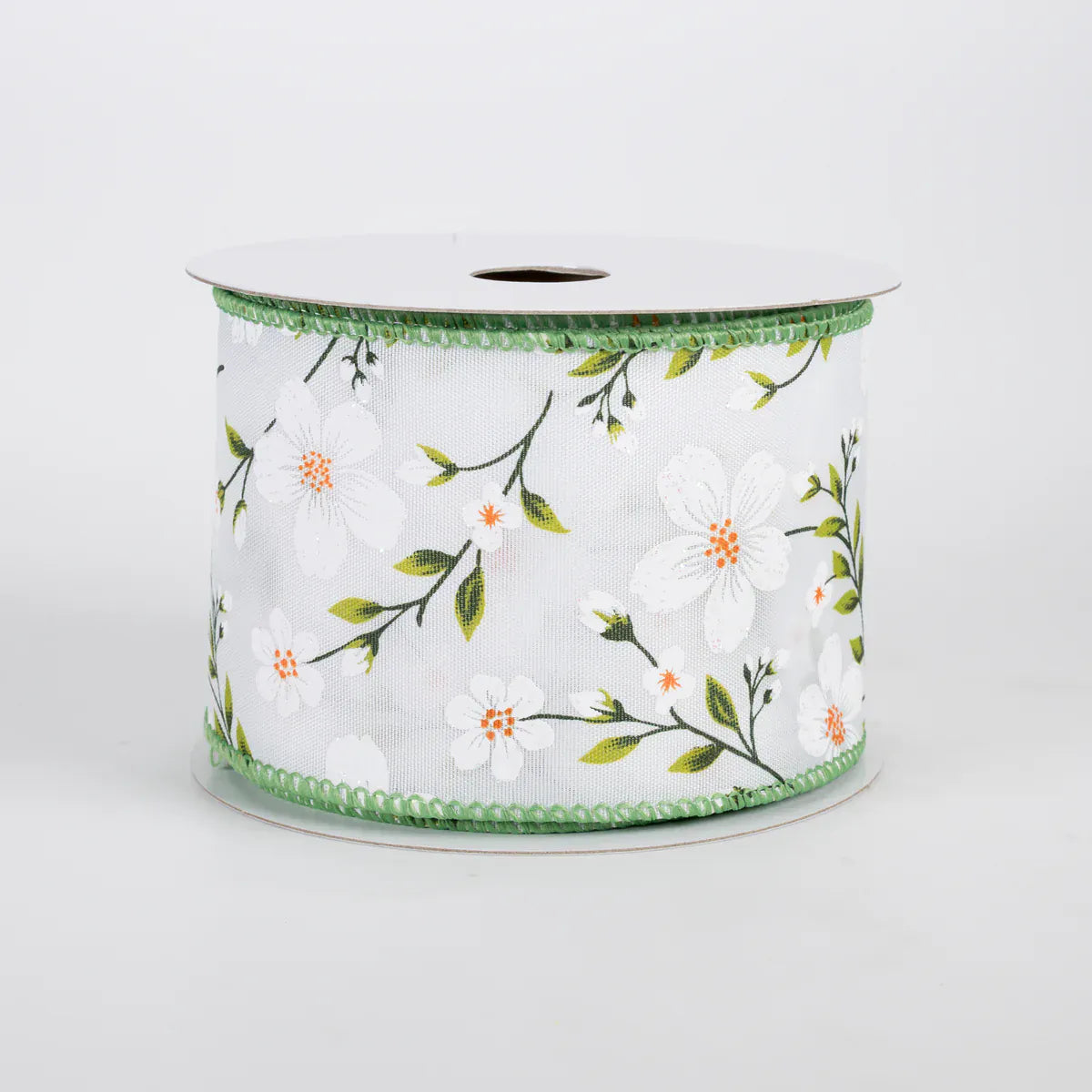 2.5" X 10YD Satin Flaxseed Flowers Ribbon - White Jascotina 42609-40-01