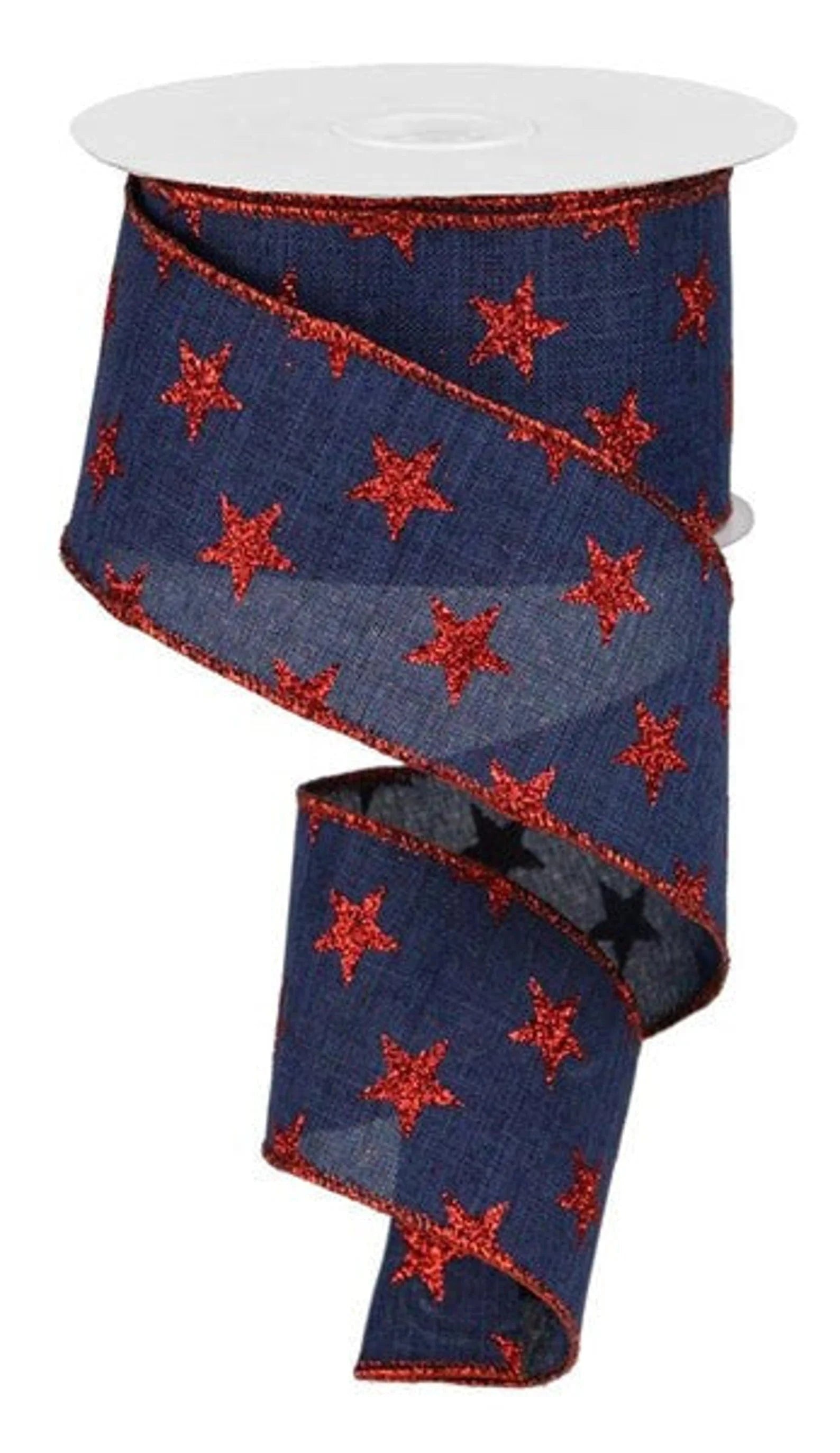 2.5" X 10YD Star 4th of July Ribbon - Navy Blue and Red Glitter Craig Bachman Ribbon RGA11102C