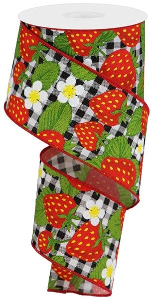 2.5" x 10yd Strawberries On Check - Black/White/Red Shirleys of Collins rga1783x6