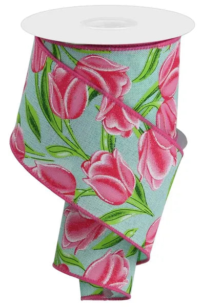 2.5" x 10yd Tulips On Royal - Mint/White/Tt Pink/Tt/Green Shirleys of Collins RGE1147AN