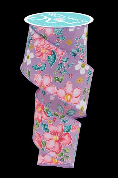 2.5" x 10yd Watercolor Flowers - Lavnder/Dark Rose/Coral/Green Craig Bachman Ribbon RGF115713