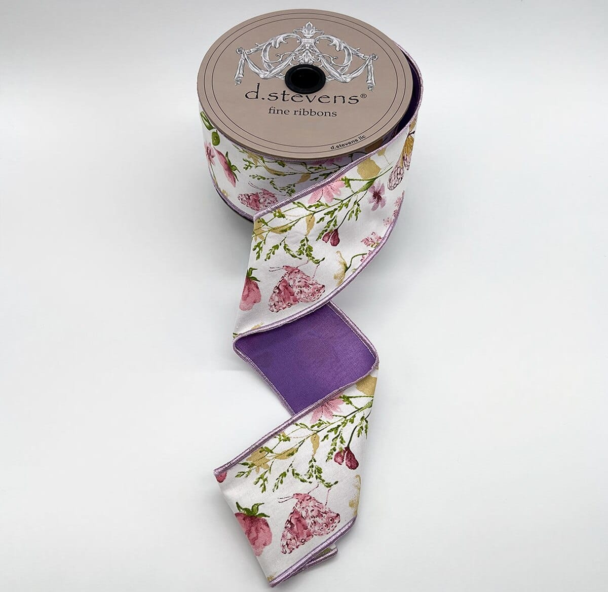2.5" x 10yds taffeta spring floral garden butterflies, green lavender blue NO TWO ALIKE D.Stevens 45-0265