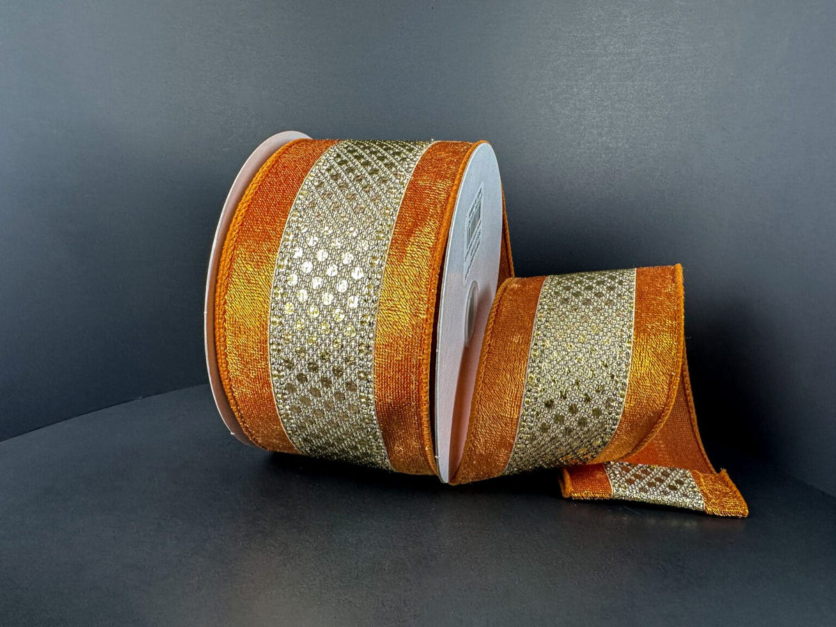 2.5"X10YD GOLD METALLIC-BLACK MESH W/LIGHT RUST VELVET EDGE Jascotina 65527-40-15