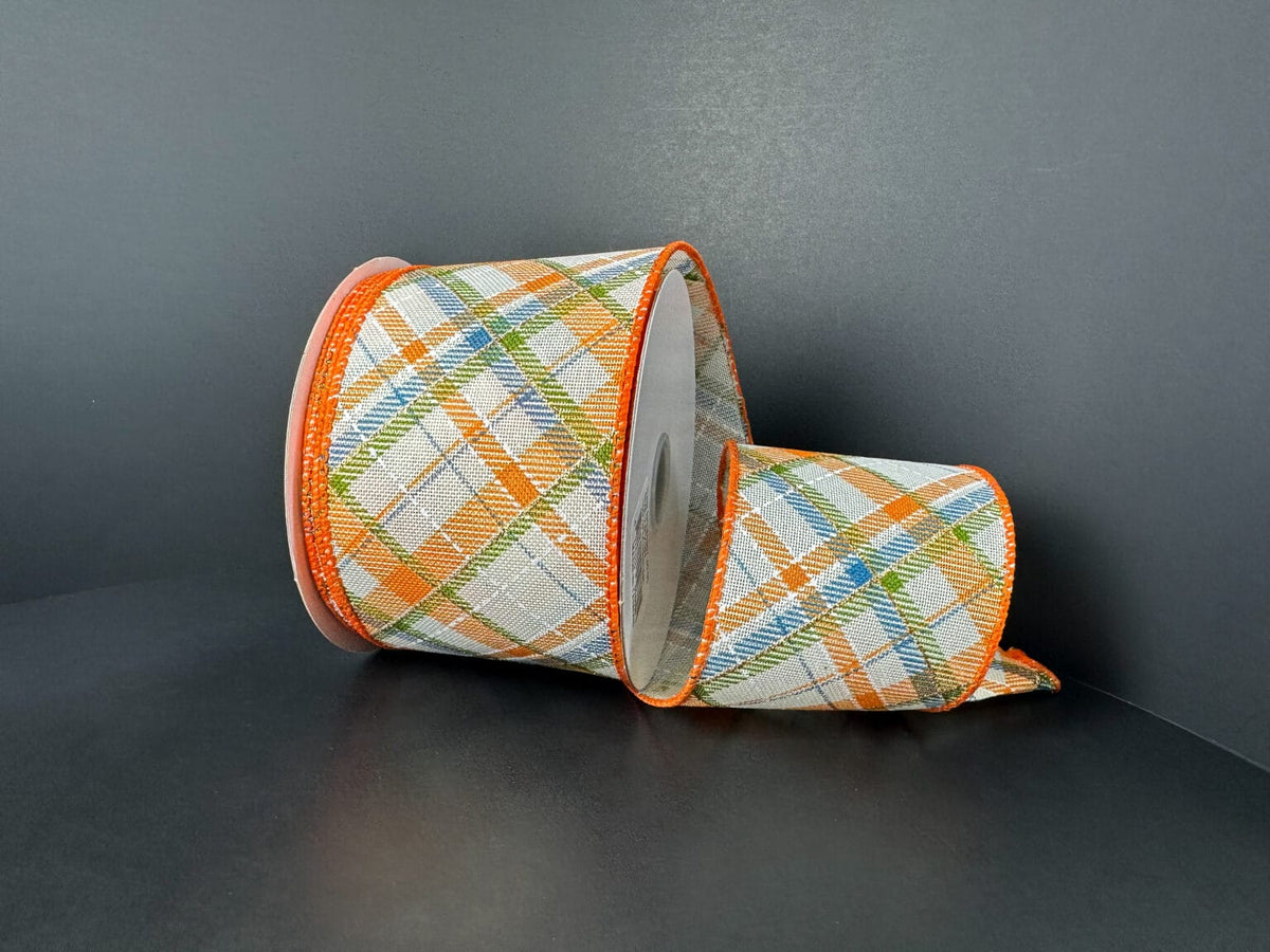 2.5"x10yd Ivory Linen Diagonal Plaid - Blue/Orange/Moss/Gold Jascotina 61507-40-05