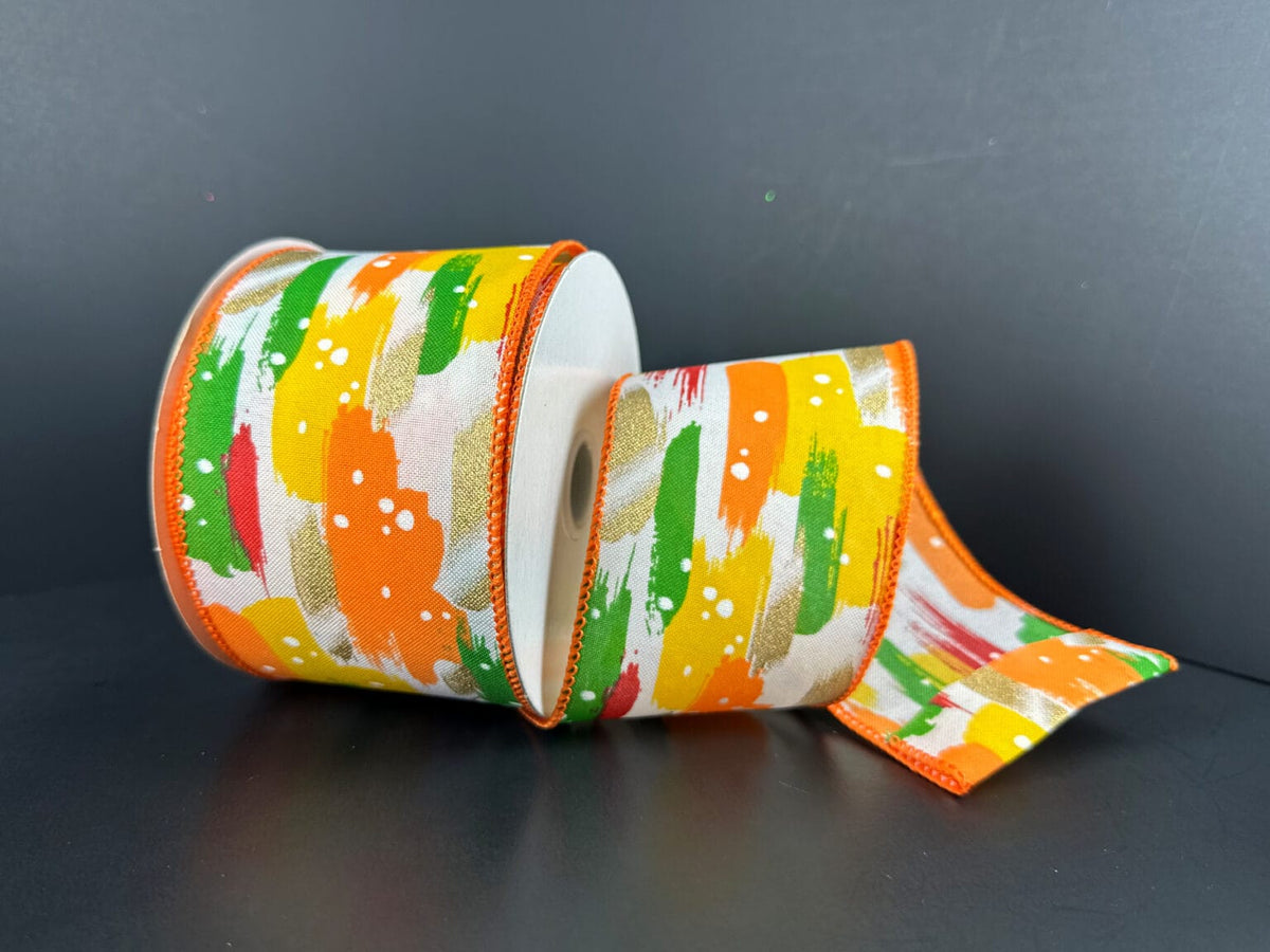 2.5"x10yd Ivory Satin Brushstrokes - Orange/Yellow/Moss/Gold Jascotina 61613-40-19