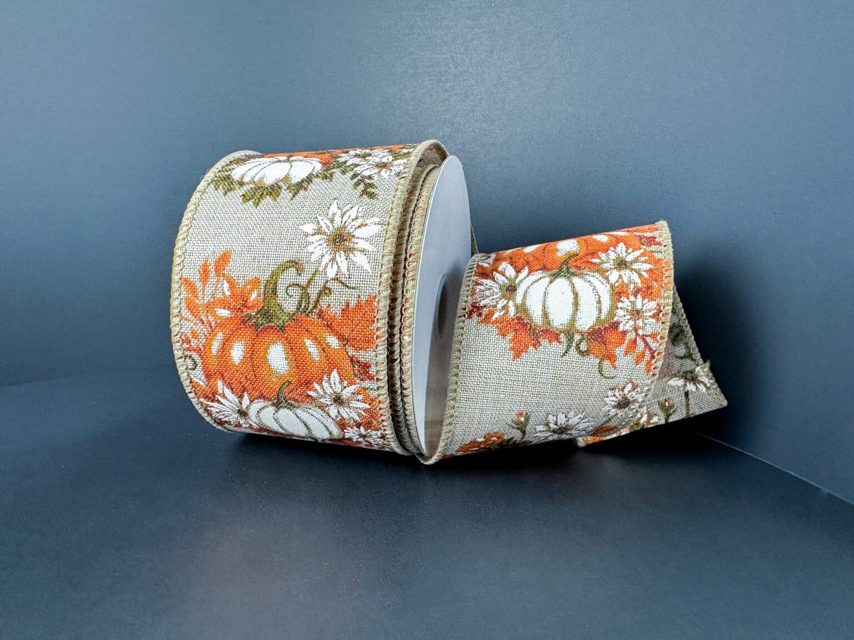 2.5"x10yd Lt Natural Linen Pumpkin & Sunflower - Orange/Cream Jascotina 61509-40-35