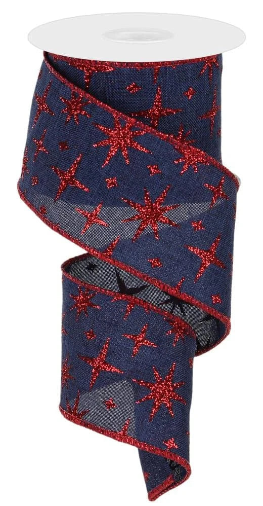 2.5"X10YD RETRO STARS ON ROYAL BURLAP - NAVY/RED Craig Bachman Ribbon RGB112819