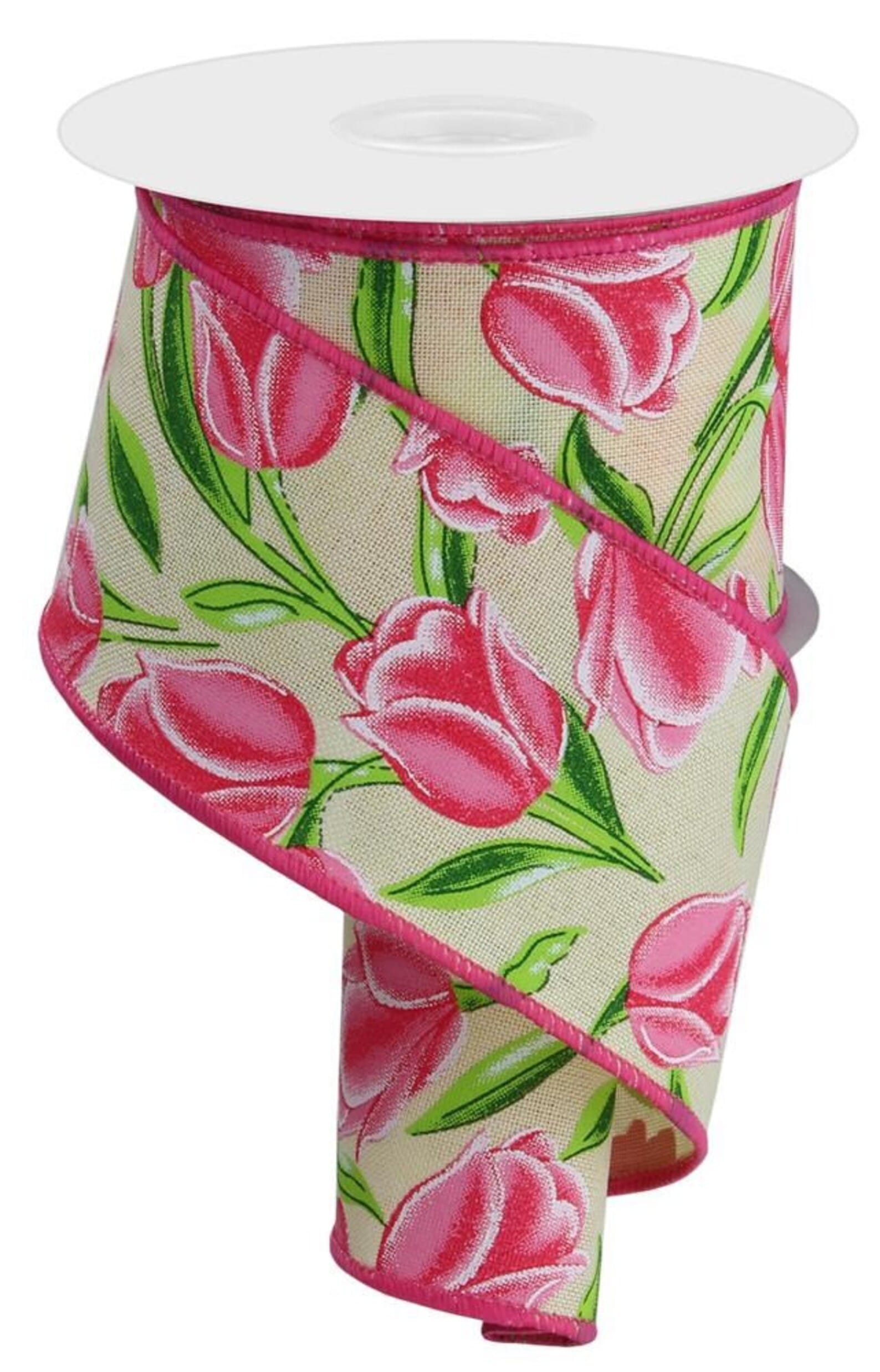 2.5"X10yd Tulips On Royal - Pink and Cream Shirleys of Collins RGE1147M6