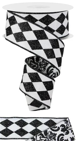 2" x 10yd Triple Layer Damask/Harlequin - White/Black Craig Bachman RIBBON RGV0011X6