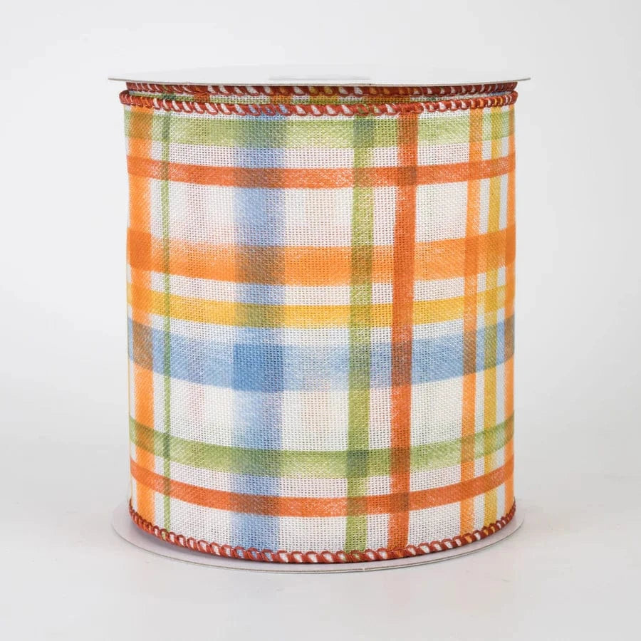 4" Linen Tuttola Plaid Ribbon: Blue Fall on Ivory (10 Yards) Jascotina 61503-04-05