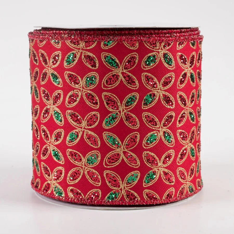 4" Quatrefoil Petals Ribbon - Red/Emerald/Gold Craig Bachman Ribbon RGF109524