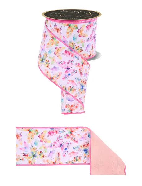 4" x 10yd Botanical Butterflies/Fused - White/Yellow/Coral/Pink/Lavender Craig Bachman LX1187FM