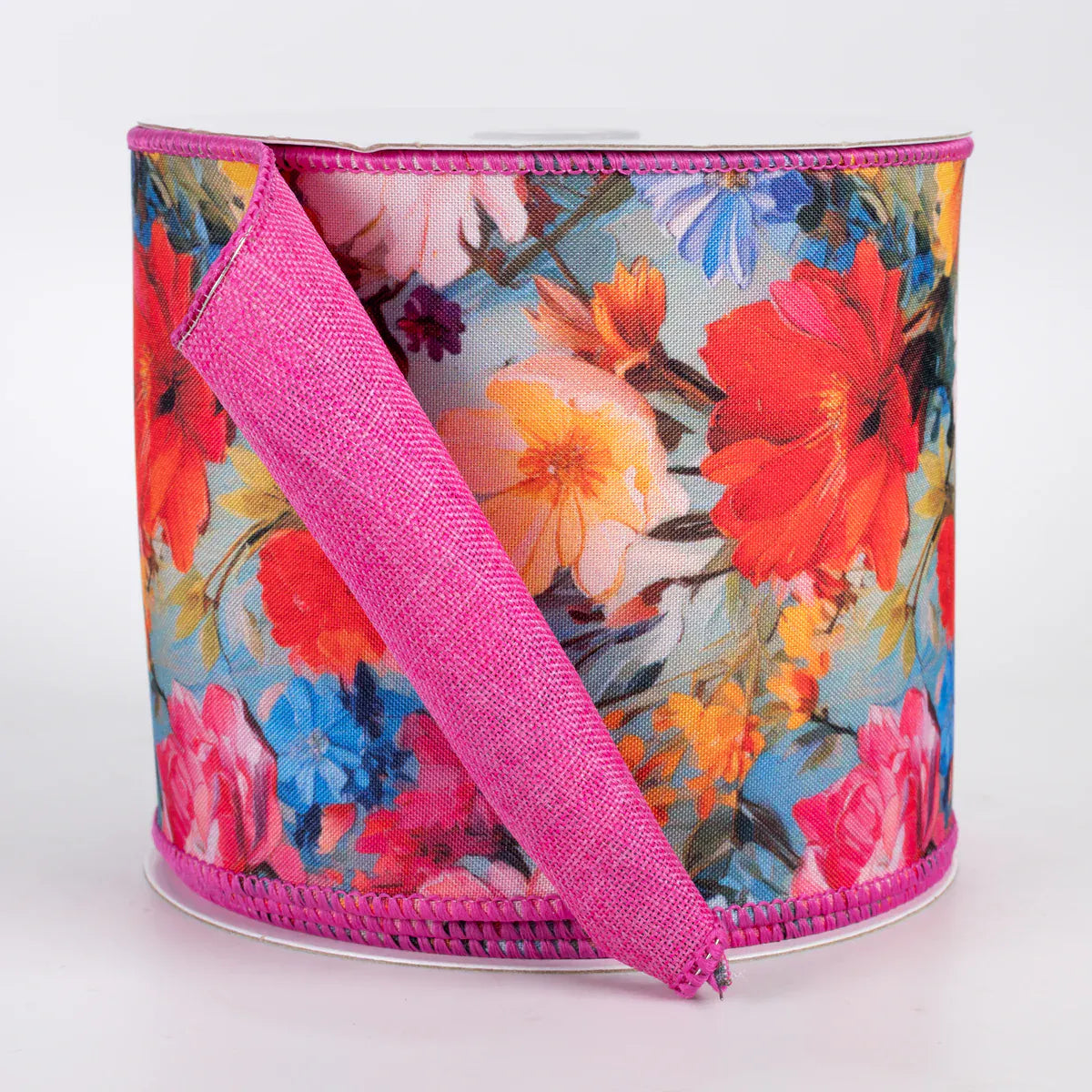 4" X 10YD Double Sided Fused Oil Painting Flowers Ribbon - Fuchsia Pink Jascotina D43610-04-28