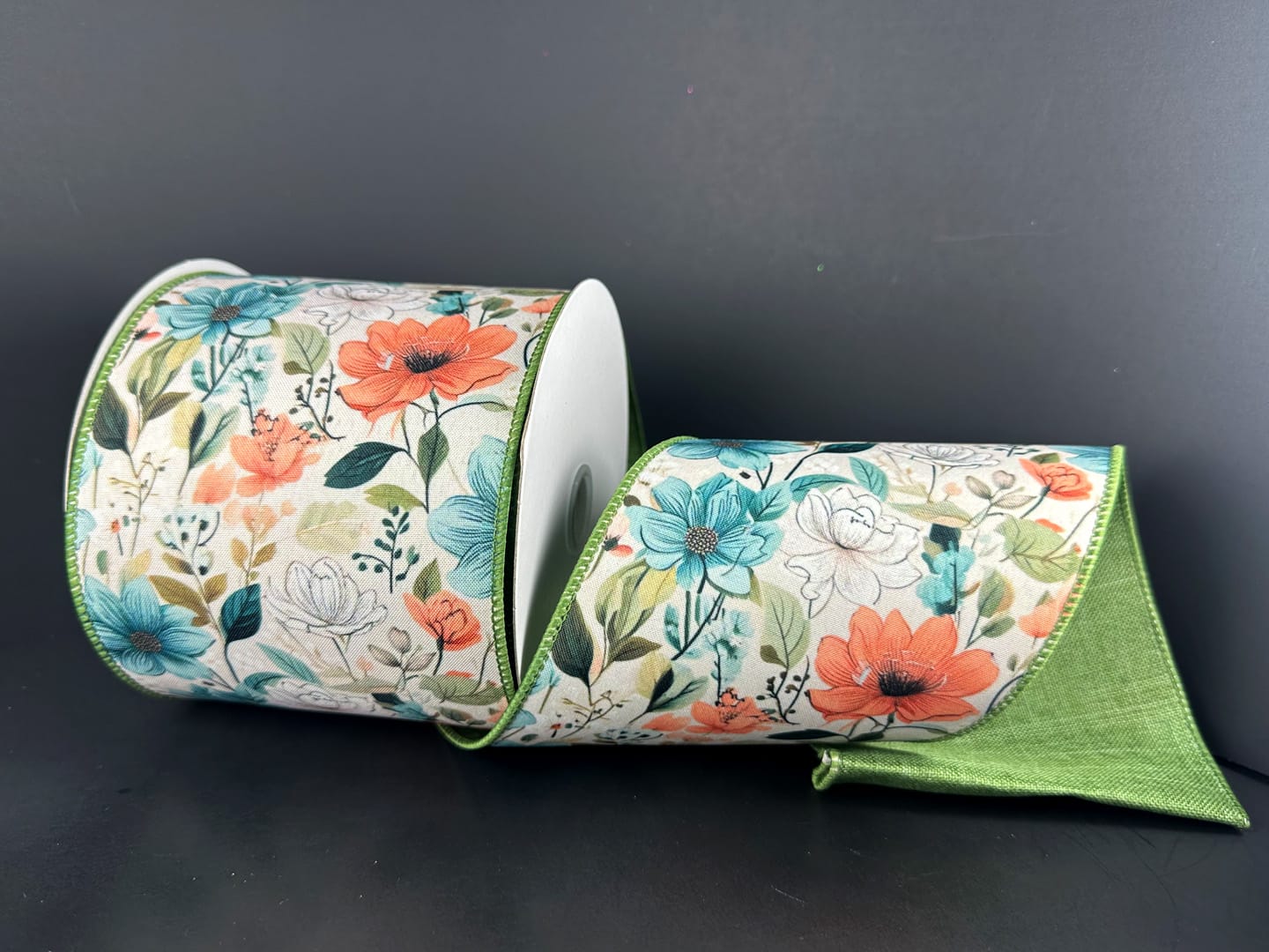 4" X 10YD Garden Wired Poly Linen Ribbon - Ethereal Teal/Sage/Coral Jascotina D43602-04-33