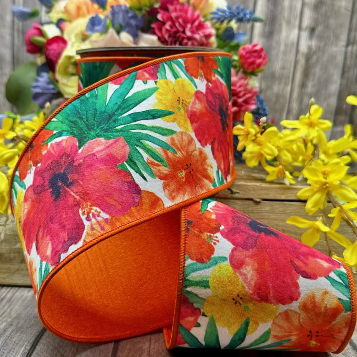 4" x 10yds dupion watercolor tropical palm hibiscus, yellow hot pink green...D.Stevens D.Stevens 05-1014